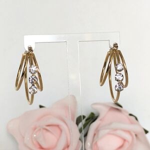 Vintage Rhinestone Triple Hoop Earrings Gold Tone Formal Bridal Wedding